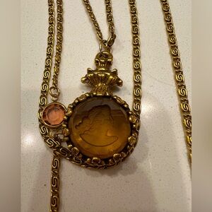 Vintage Goldette NY Three Strand Intaglio Glass Cameo Necklace Long Classic